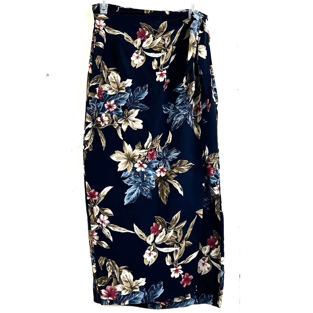 RENA ROWAN VINTAGE WRAP MIDI SKIRT 100% SILK SIZE 10 DARK BLUE FLORAL PRINT PENC